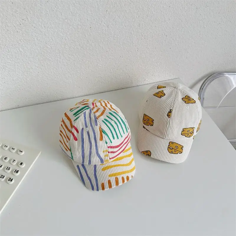 

Autumn Winter Boy Children Corduroy Colorful Striped Baseball Cap Girl Baby Cheese Print Peaked Hat Kid Cotton Casual Bucket Hat
