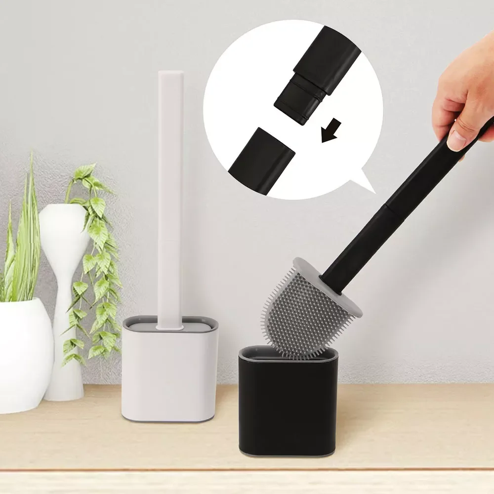 

Soft TPR Silicone Head Toilet Brush with Holder Wall-mounted Detachable Handle Flat Head Cleaner Durable Bathroom Accessories
