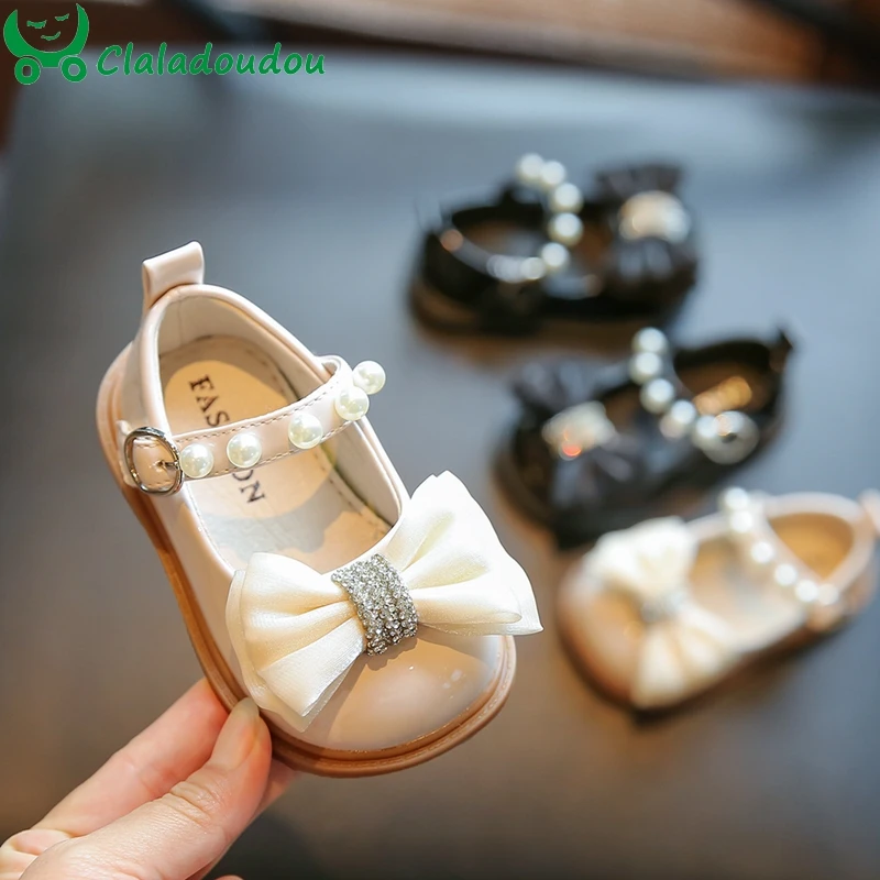 

2023 New Little Girls Princess Dress Shoes With Lace Bowtie-knot,Solid Beige Black Pearls Toddler Girls Spring Autumn Flats Shoe