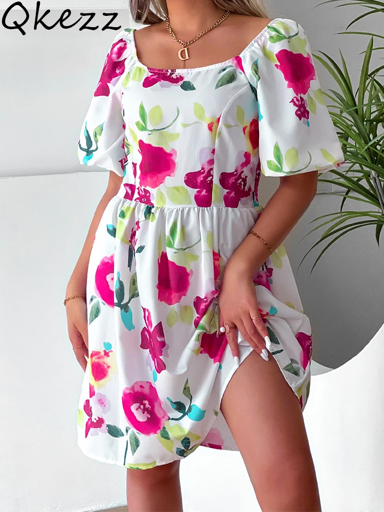 

Qkezz Floral Summer Midi Dress Elegant Chic Women Beach Puff Sleeve Square Collar Elastic Waist Holiday Party Flowy Dresses 2022