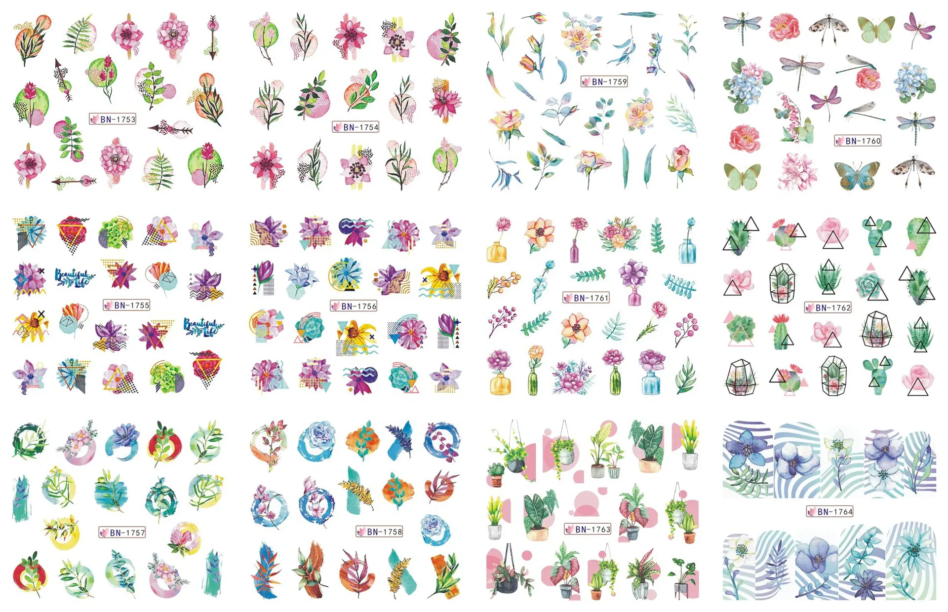 12 шт. водные переводные наклейки для ногтей с акварельными цветами