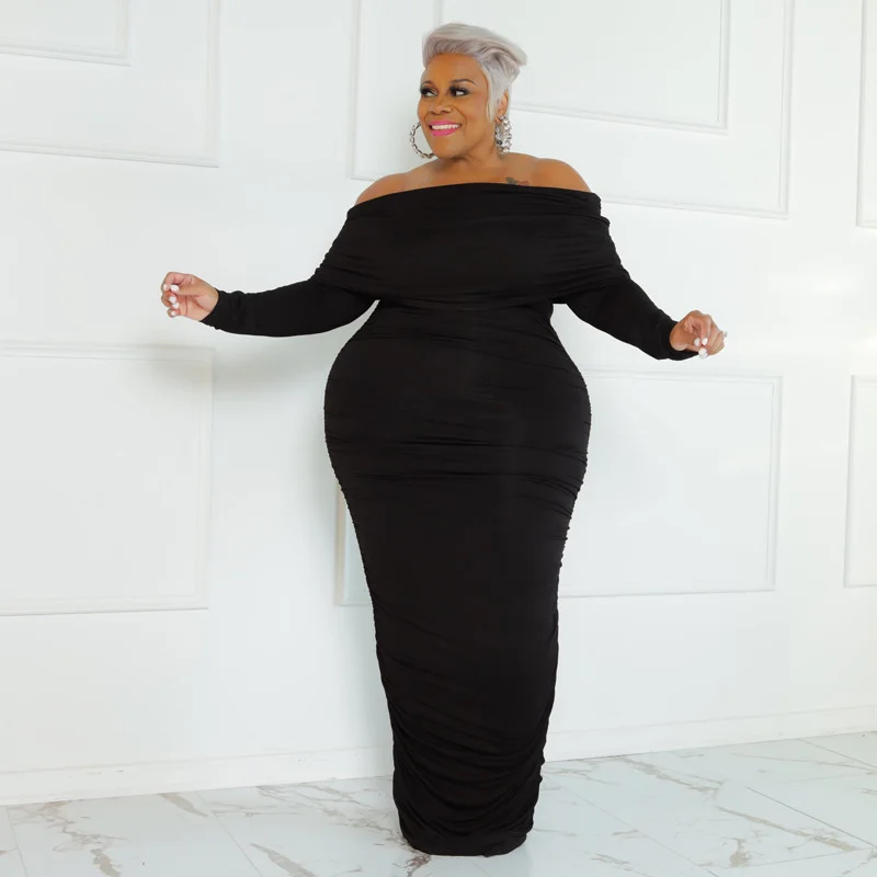Plus Size Long Sleeve Dress Women Autumn Winter New Style Solid Color One-line Neck Fashion Sexy Large Fashion Women's Dress