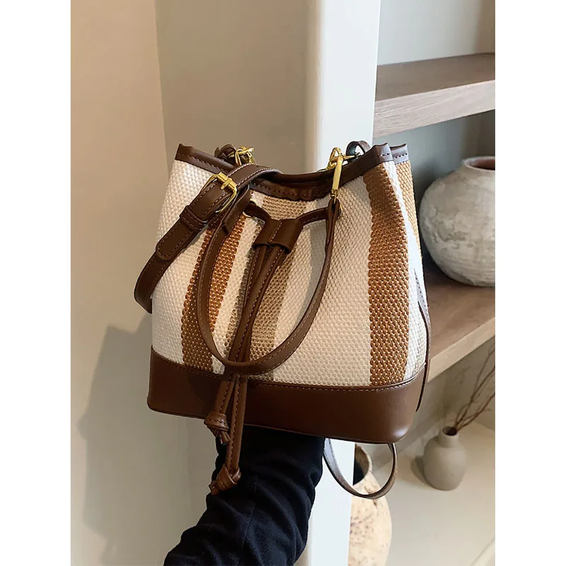 

Korean Version High-End Texture Bucket Bag Lady 2023 New Fashion Color Contrast Patchwork Handbag Single Shoulder Crossbody Pack