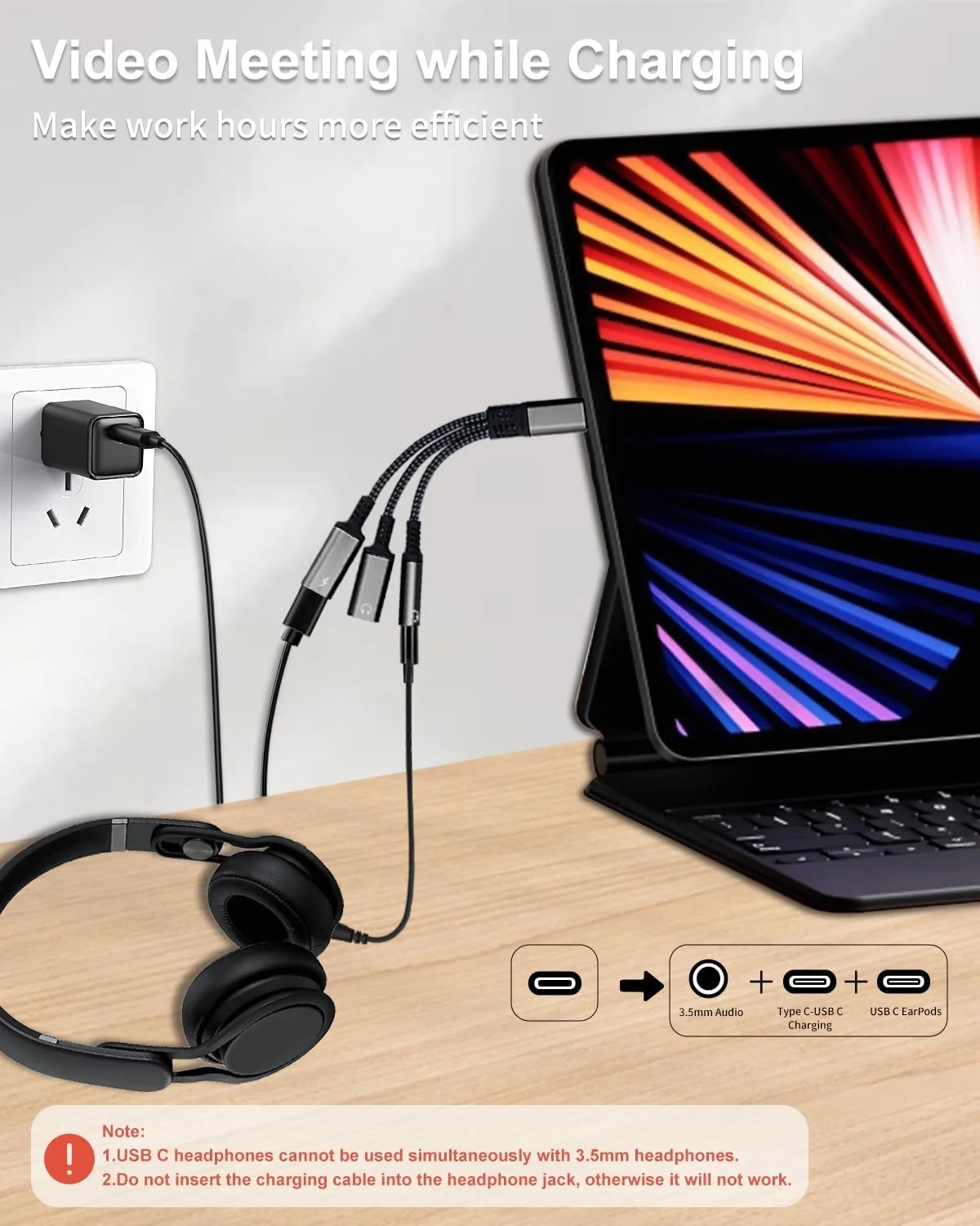 Фото Адаптер USB-C на 3,5 мм для наушников и зарядки, 3-в-1, USB-C на аудиоадаптер Aux, быстрая зарядка 60 Вт для Samsung, зарядное устройство PD 60 Вт №5