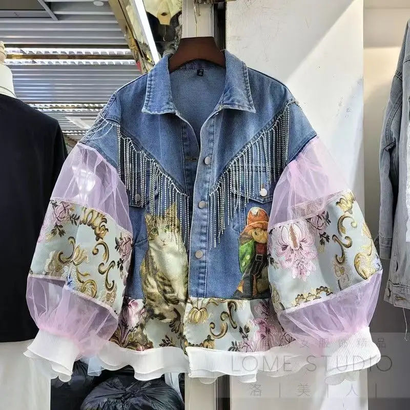 

Womens Cartoon embroidery mesh patchwork denim jacket 2021 Woman Lantern puff Sleeve diamond tassel Jackets Female Denim Coats