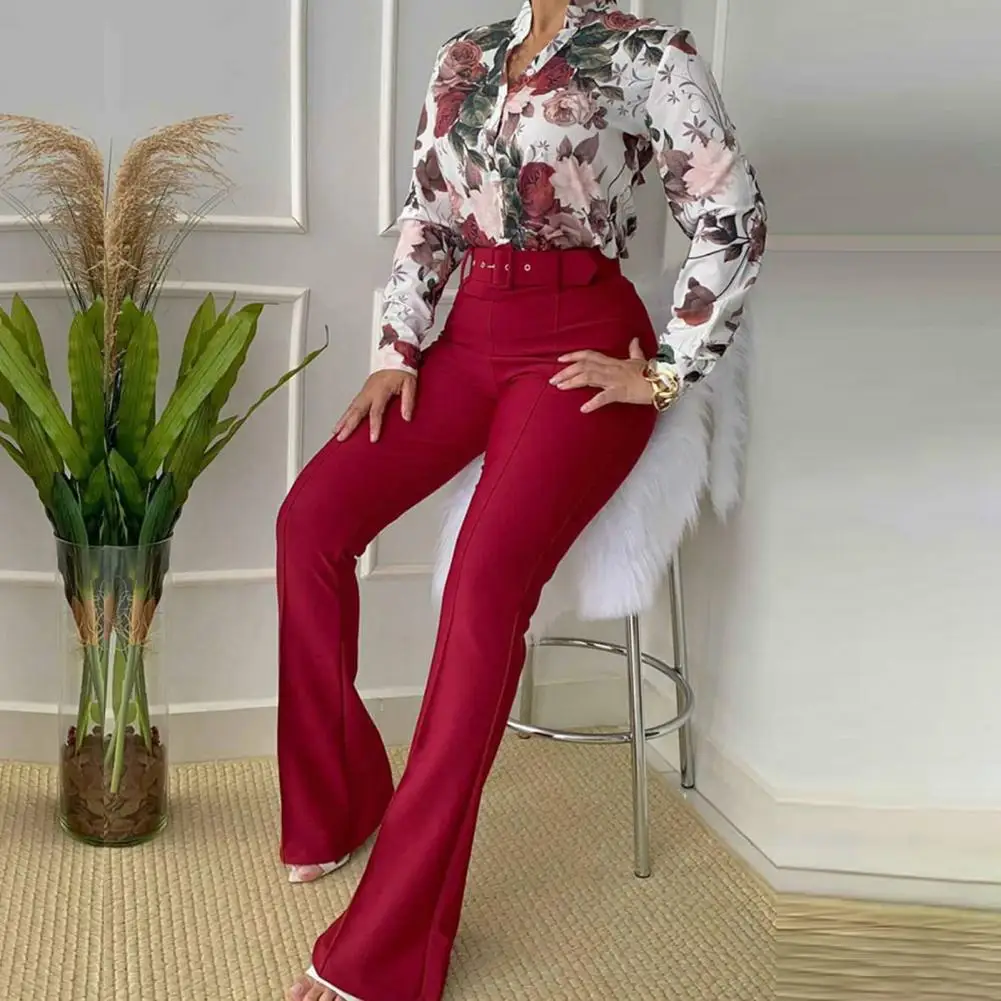 

2Pcs/Set 4 Colors Fashion 2022 Blazer Woman Jacket Shirt Floral Printing Elastic Waist Suit Shirt Flare Pants Set for Office