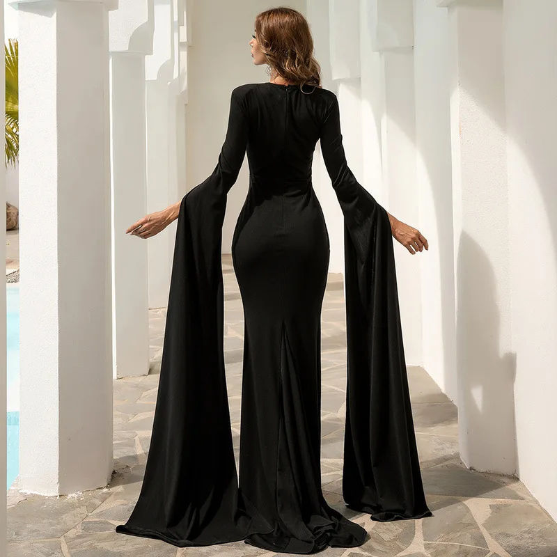 Backless Satin Evening Dress Gown Bat Sleeve O Neck Floor Length Prom Padded Stretch Wedding Party Dresses
