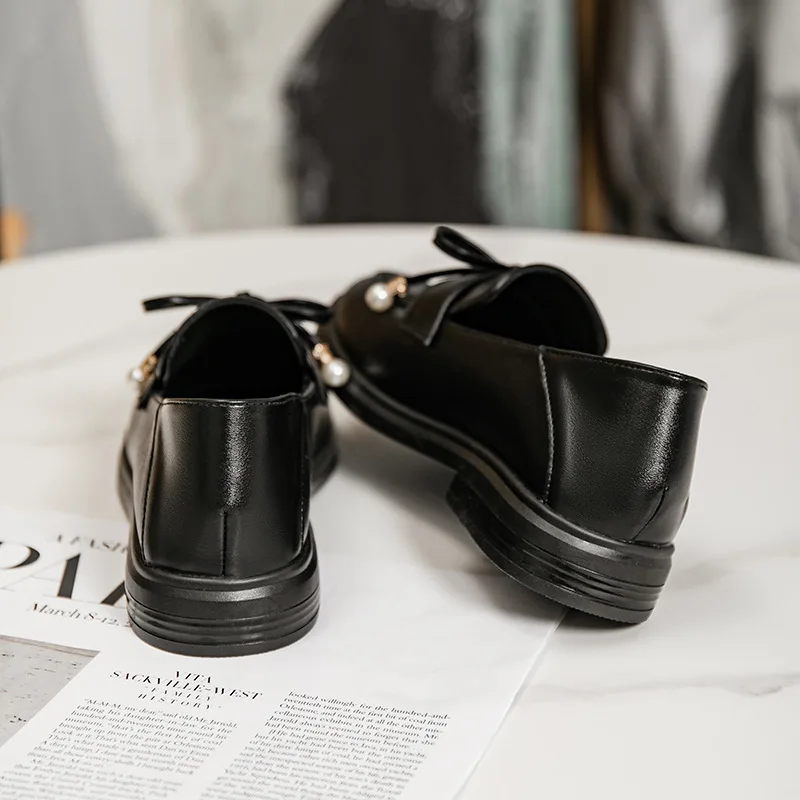 Winter Flats Oxfords Delicate Pearl Bowtie Loafers Women's Small Leather Shoes Ladies Office Dress Low Heels Mocasines 2022