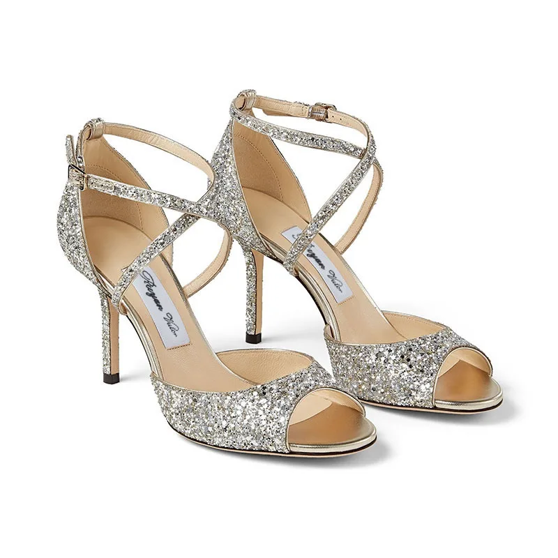 

Lady's Glittering Fish Mouth High Heels Champagne Colored Thick And Exquisite Exposed Toes High Heels Clasped Up Wedding Shoes
