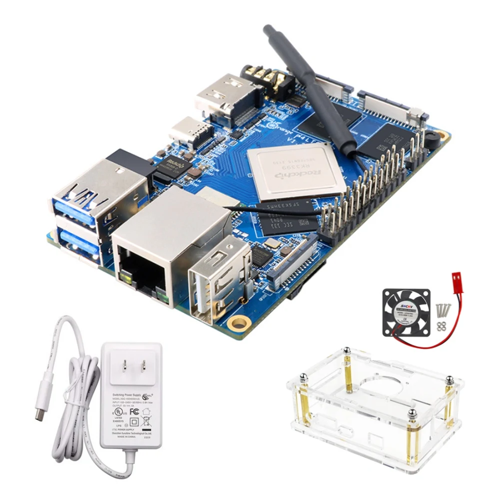 Плата разработки для Orange Pi 4 LTS 4 Гб Rockchip RK3399 16 Гб EMMC + источник питания 5 в 4 а + акриловая фотография + охлаждающий вентилятор US