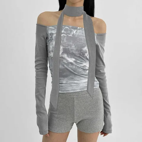 Neploe Print Slim Commuter Simple Korea Chic Top Женский корейский шикарный топ со вставками и разрезом на шее Y2K Футболка Шарф Harajuku 2000S Mujer