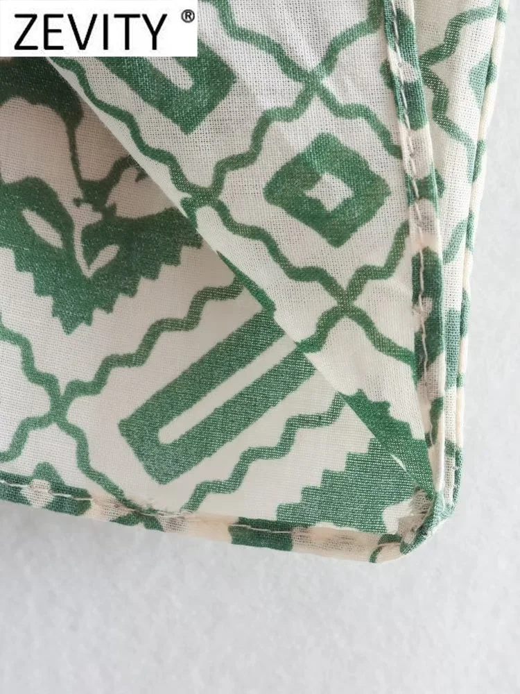 Zevity Women Vintage Geometric Floral Print Pleats Midi Shirt Dress Female Chic V Neck Lace Up Casual Retro Vestidos DS1811