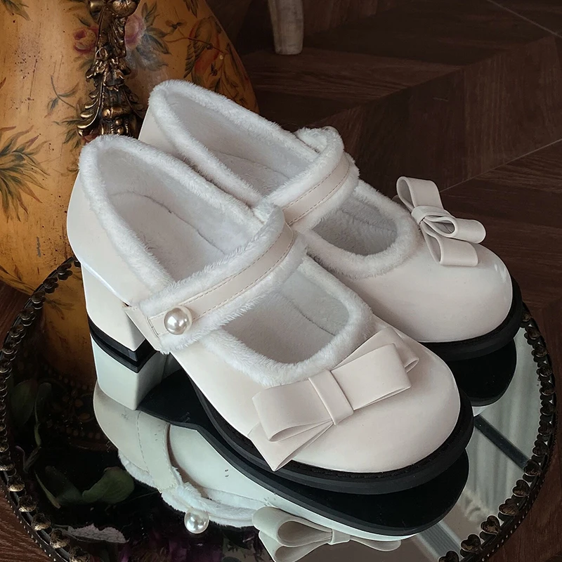 

Women High Heels Mary Janes Shoes Winter Retro Fur Plush Bow Lolita Shoes 2022 New Designer Chunky Party Shoes Sexy Pumps Boots