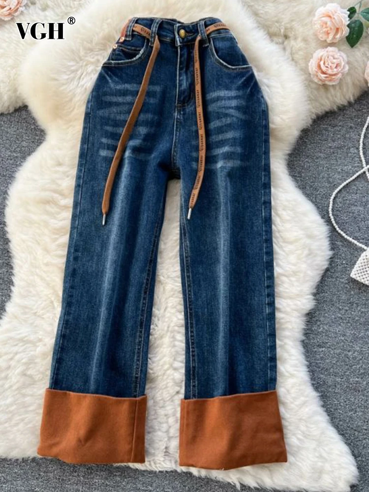 

Женские свободные джинсовые брюки VGH, повседневные Прямые брюки с высокой талией, на пуговицах, в стиле пэчворк