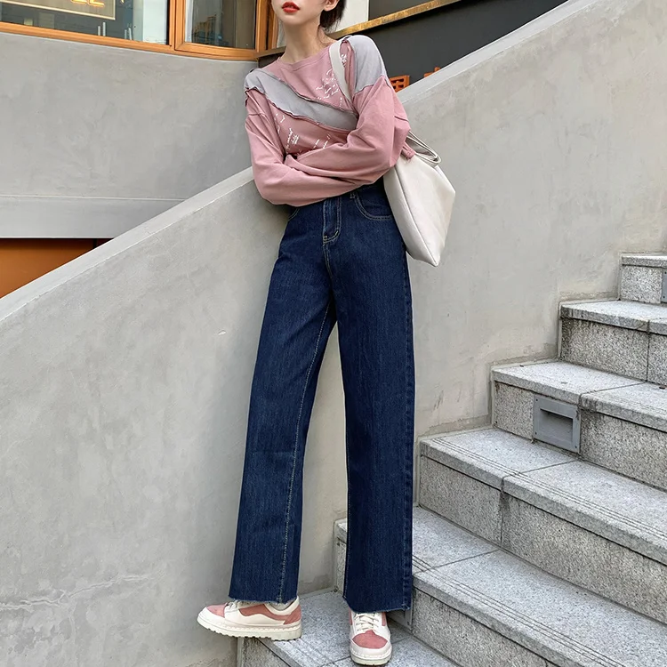 

DD2739 The new dark blue straight-leg pants high waist slimming loose casual trousers jeans