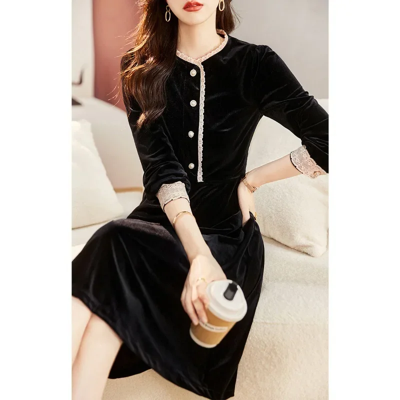 Осеннее элегантное бархатное платье для похудения 2024 шелковое черное пальто