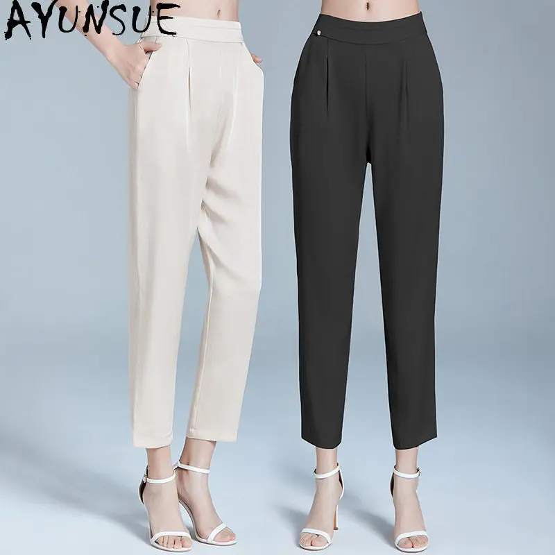 95% Mulberry Silk Harem Pants Summer Women High Waist Ankle-length Trousers for Woman Clothing Loose Thin Pants Pantalones Femme