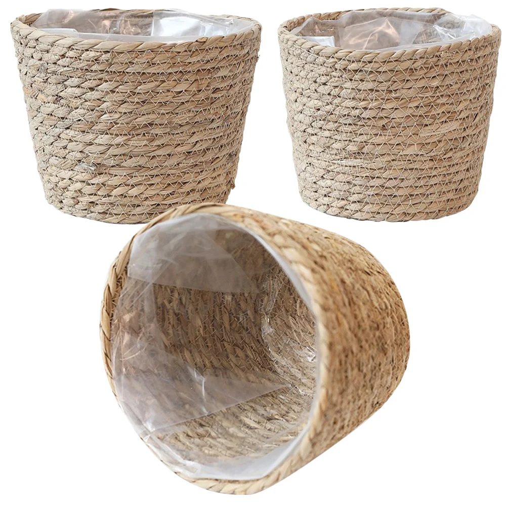 

3 Pcs Decorative Flower Basket Baskets for Plants Trash Can Indoor Planter Woven Storage with Liner Straw Lining