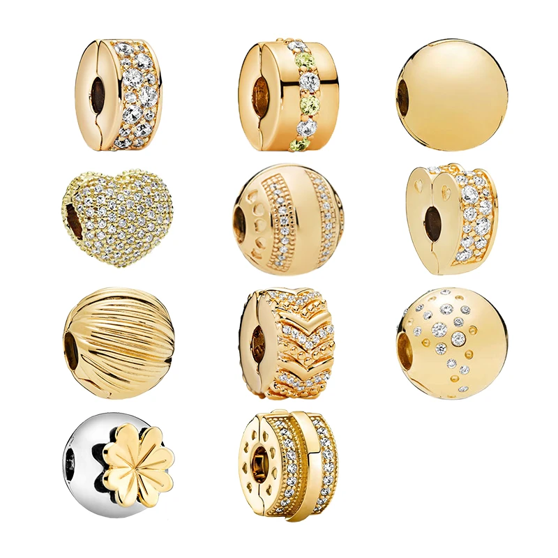 18K Shine Gold Clip Charms Beads For Bracelets Women DIY Jewelry Making Path Love Heart Arc Seeds Wish Four Leaf Clover Trinkets