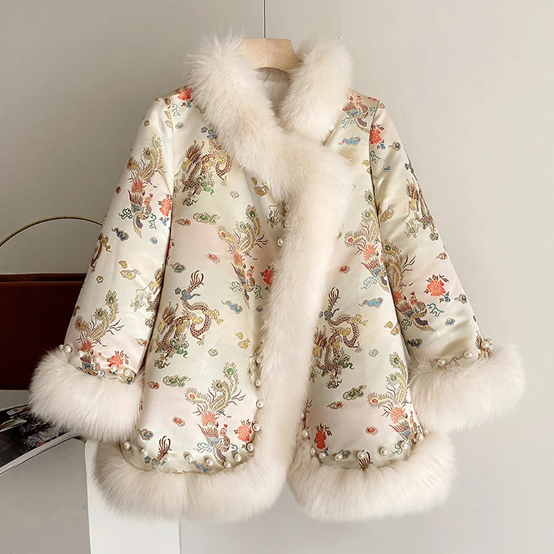 Embroidery Fur Jacket Women Faux Fox Fur Coat Office Lady Elegant Thick Warm Winter Luxury Furry Jacket 2022 Winter Outerwear