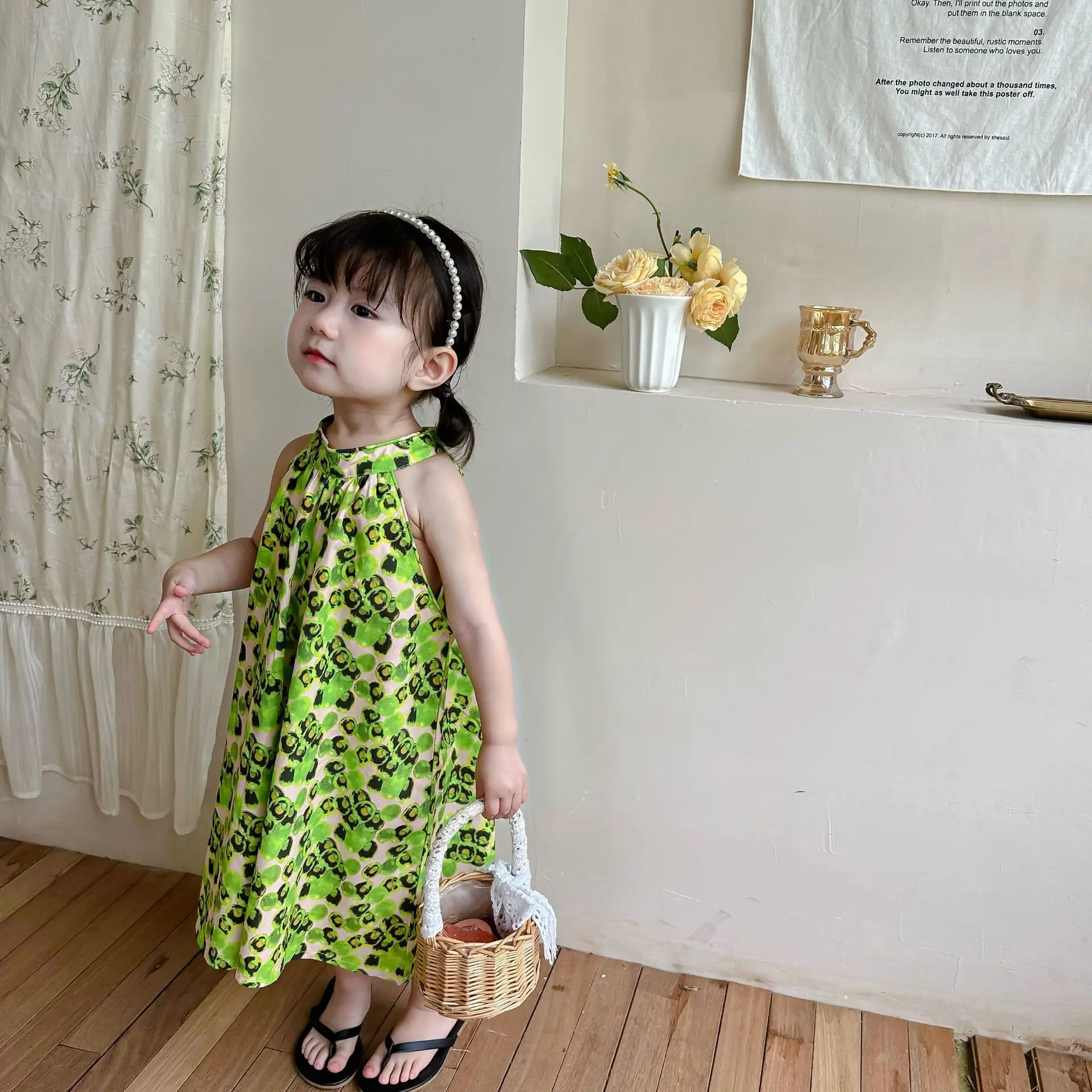 

2023 Korean Summer Children Girls Dress Cotton Floral Loose Button Vestido Sleeveless Cool Off Shoulder Infant Girls Outfit