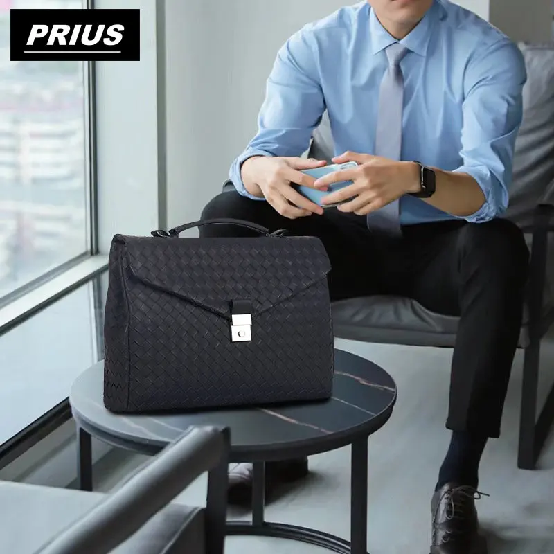 Luxury Brand Classic Business Men's Handbag Genuine Leather  Hand-Woven Large Capacity Flip Briefcase Fashion Simple  New