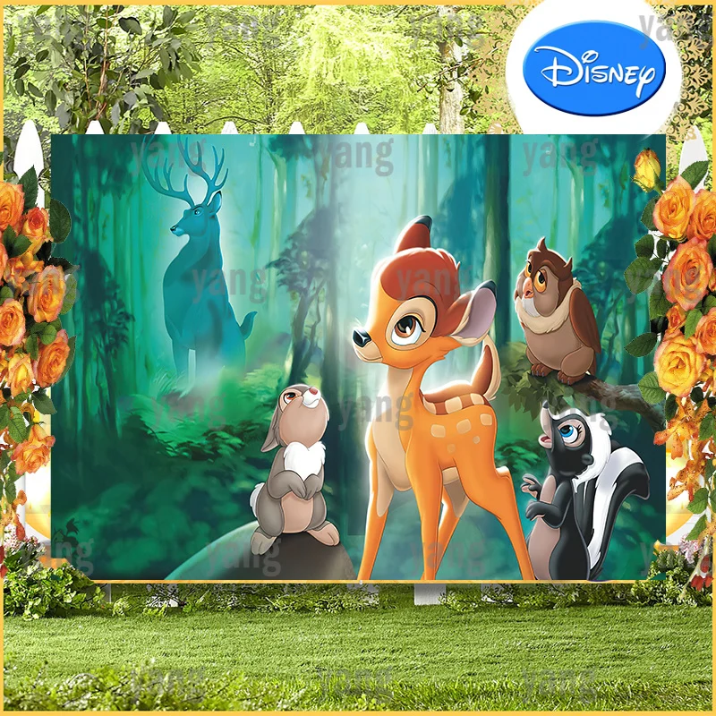 Custom Cute Bambi Of Fawn Disney Backdrops Banner Newborn Baby Happy Birthday Party Painting Cartoon Forest Background Decor