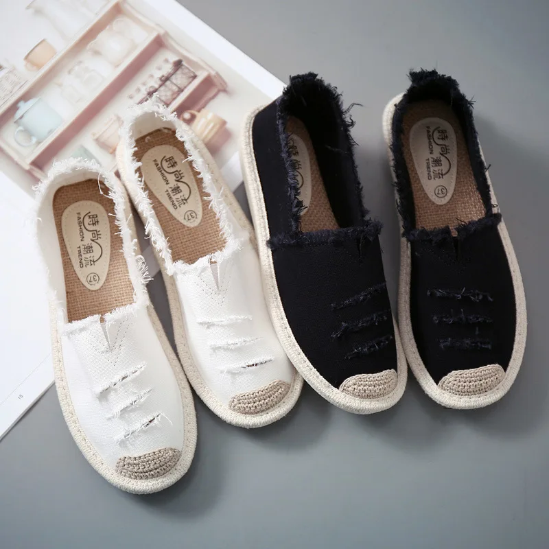 

Womens Flat Slip On Canvas Summer Strap Loafers Straw Espadrilles 2022 Ladies Casual Comfort Ripped Slip On Lazy Shoes Female