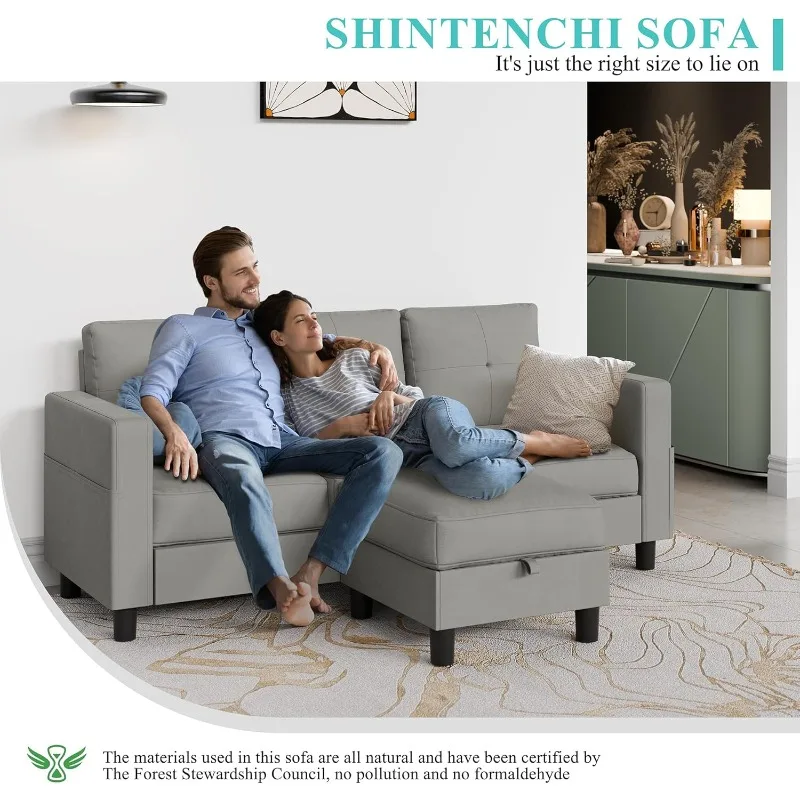 Современный L-образный диван из льняной ткани секционный трехместный с функцией