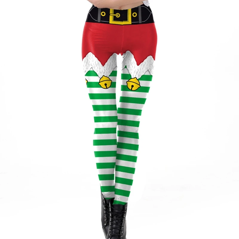 

Women Ugly Christmas Fake Elf Shorts Print Leggings Funny Belt Striped Santa Holiday Tights Mid Rise Xmas Festival Cosplay Pants