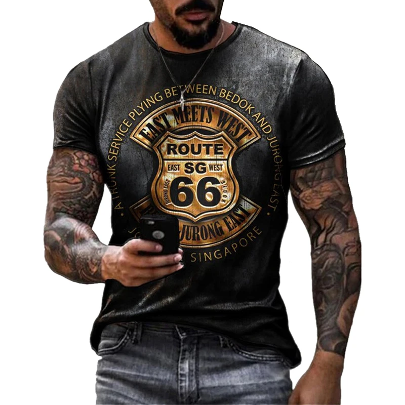 

Summer Retro Short Sleeve Fashion US Route 66 Men's T Shirt Oversized Loose Clothes Letter Print Crew Neck Premium Apparel 6XL