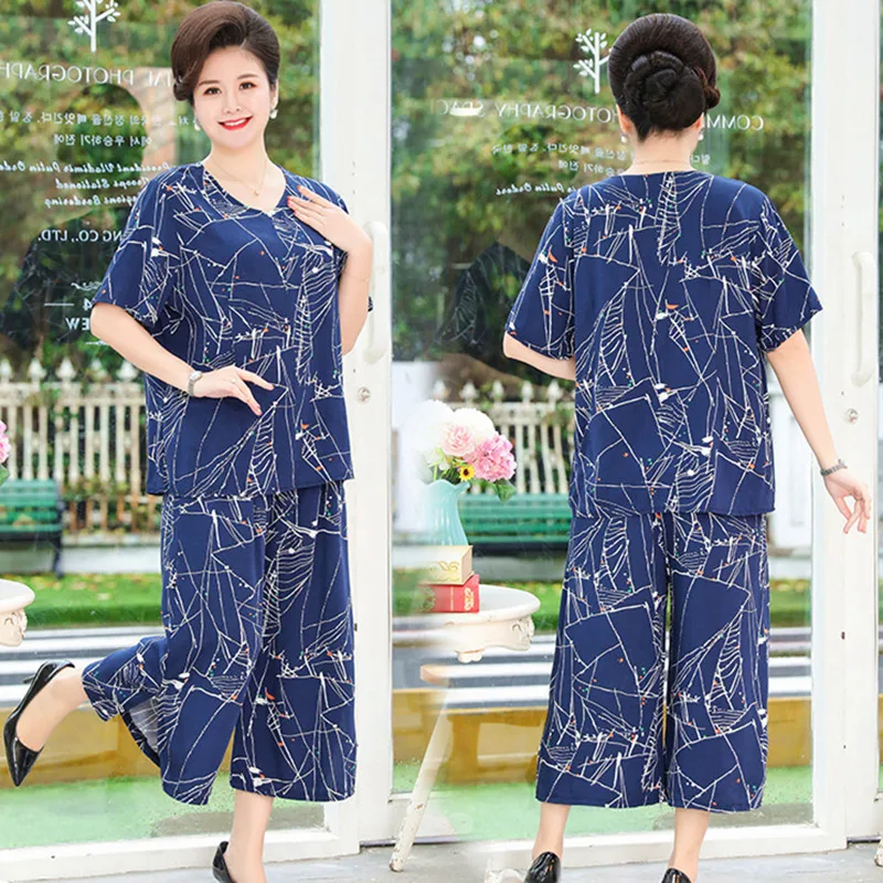 

Middle-Aged Elderly Mother Pant Suit Short-Sleeved Large Size Grandma Clothes Loose Spring Summer Womens Two Peice Sets 2XL-8XL