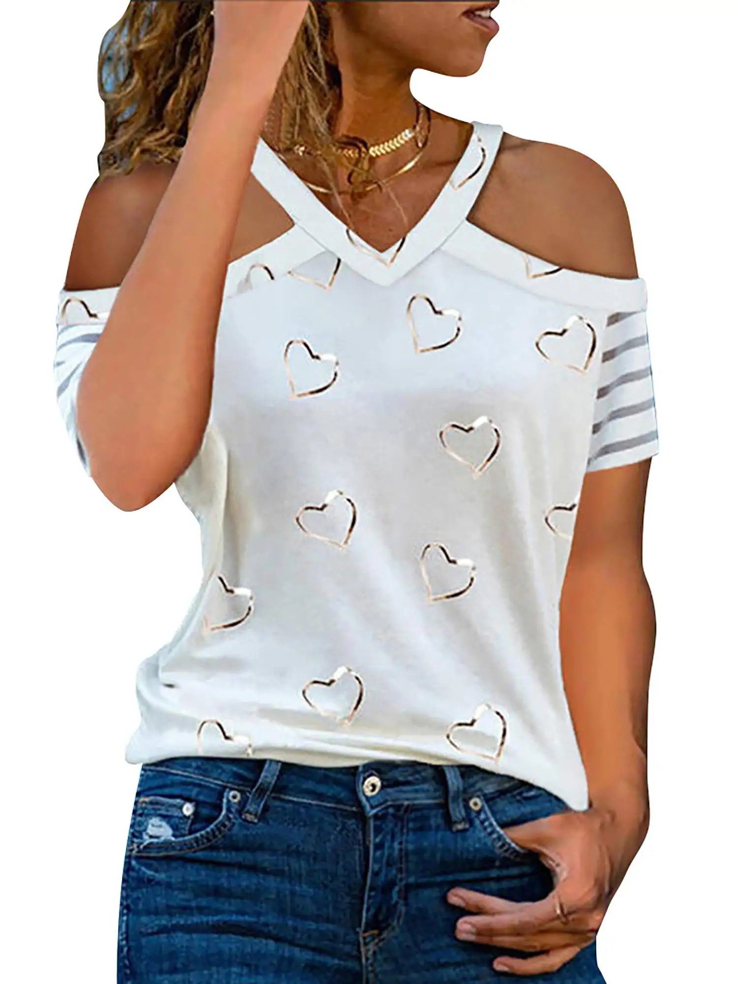 

Женская футболка с коротким рукавом и V-образным вырезом, с открытыми плечами