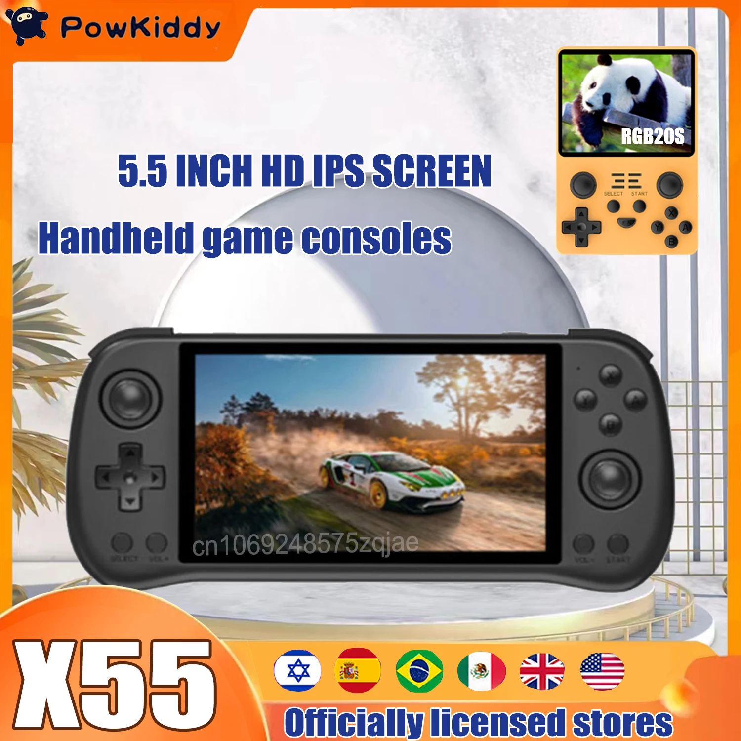 

POWKIDDY X55 RGB20S Ретро портативная игровая консоль RK3566 5,5 дюймов IPS экран система Linux HD PSP PS1 видеоигры 512G