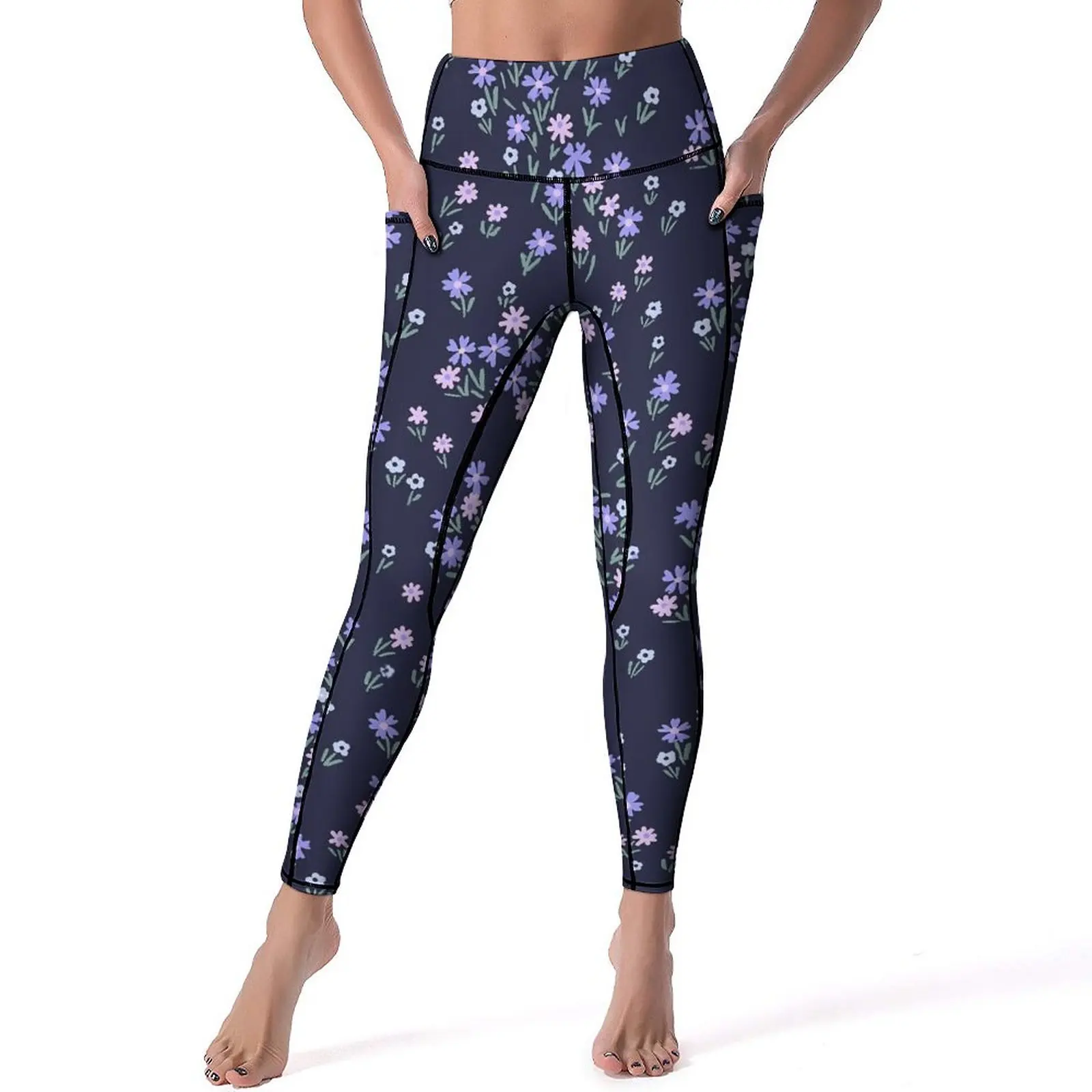 

Blue Ditsy Floral Leggings Purple Flowers Push Up Yoga Pants Novelty Elastic Yoga Legging Lady Graphic Fitness Gym Sports Tights