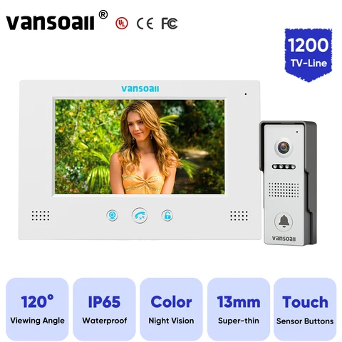 Видеодомофон VANSOALL для квартиры Hom 4-проводной 7-дюймовый цветной монитор и IP65 водонепроницаемый цветной ночной дверной звонок с поддержкой разблокировки