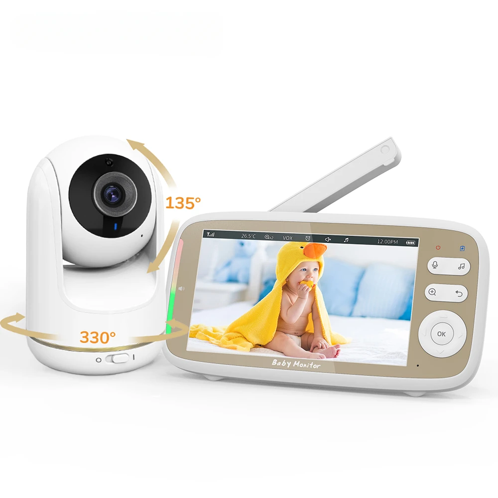 Монитор для радионяни, двухстороннее аудио, 5-дюймовый большой дисплей с камерой, поворот на 330 °, наклон на 135 °, 3-кратное увеличение, камера ночного видения для няни