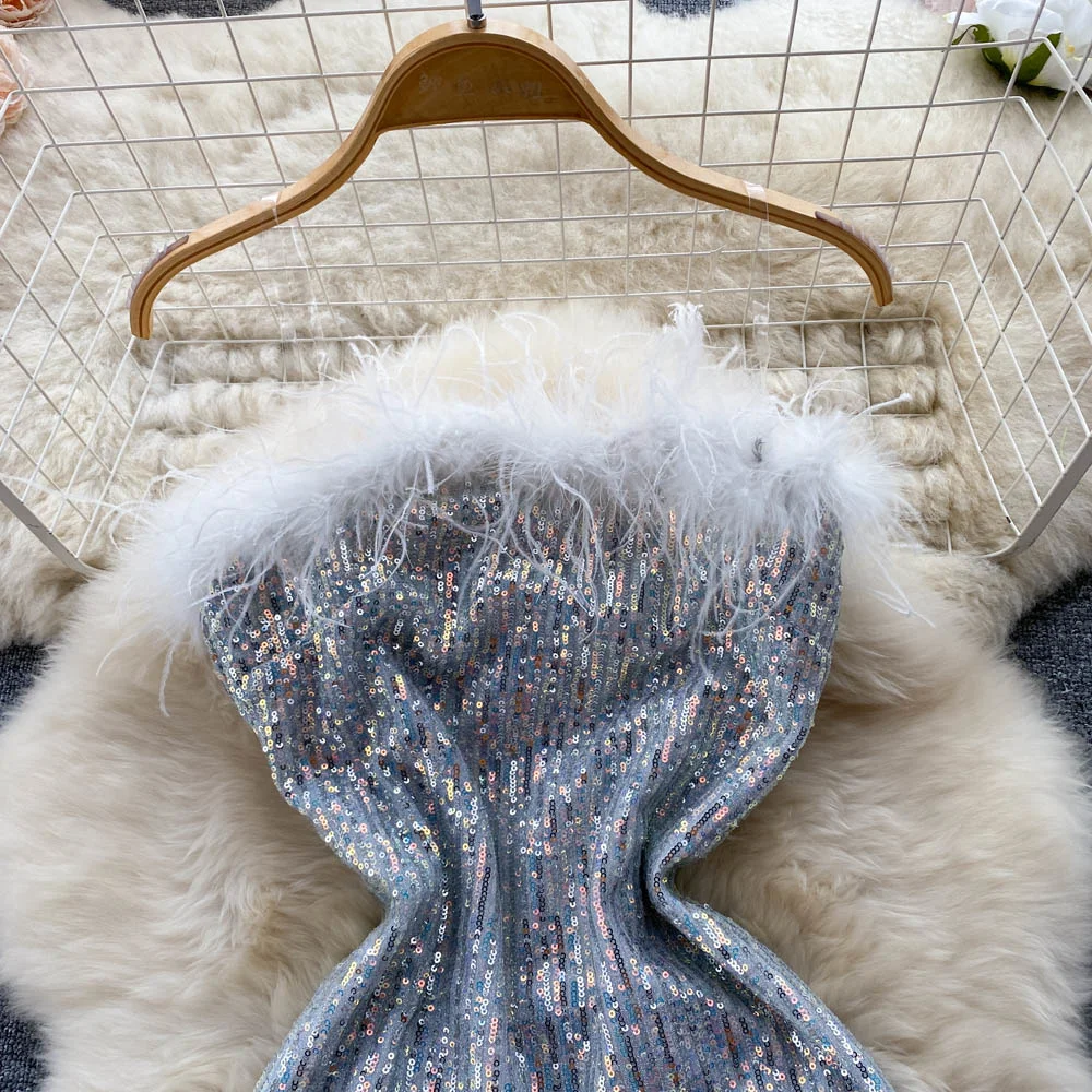 Сексуальное женское праздничное платье до середины икры с блестками без рукавов