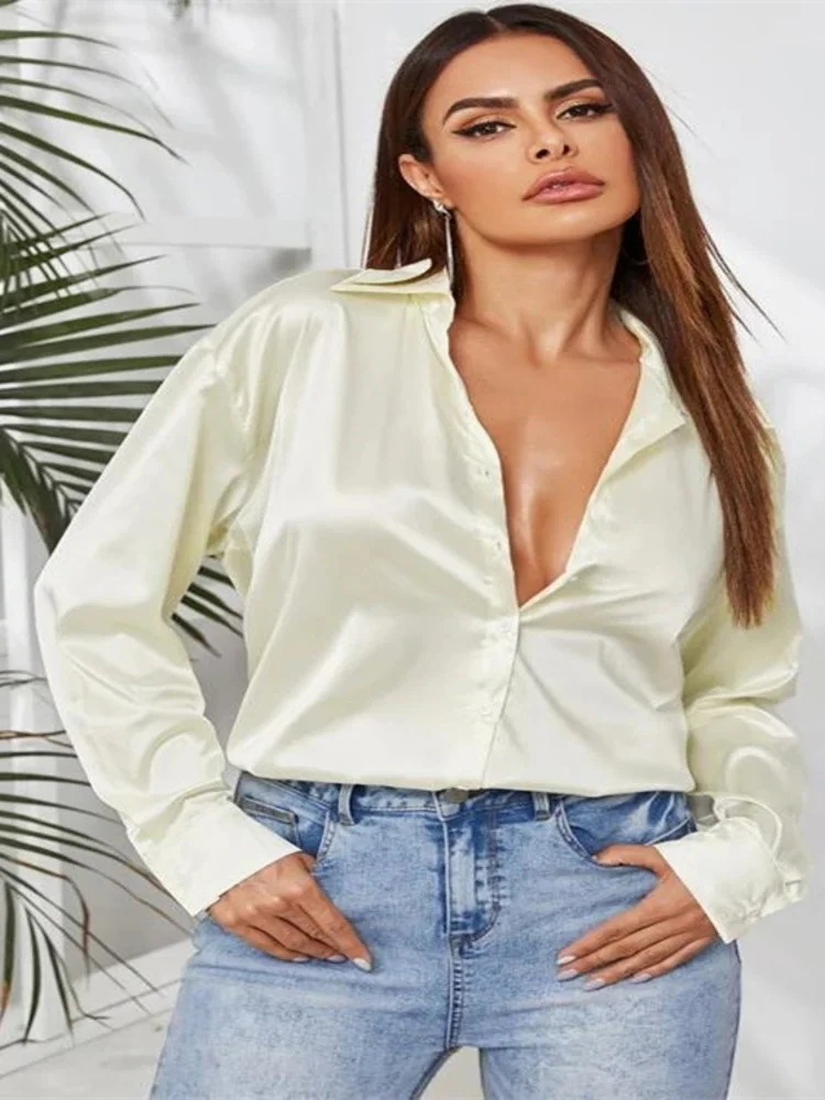 Женская атласная блузка на пуговицах SRUBY элегантная рубашка женская одежда