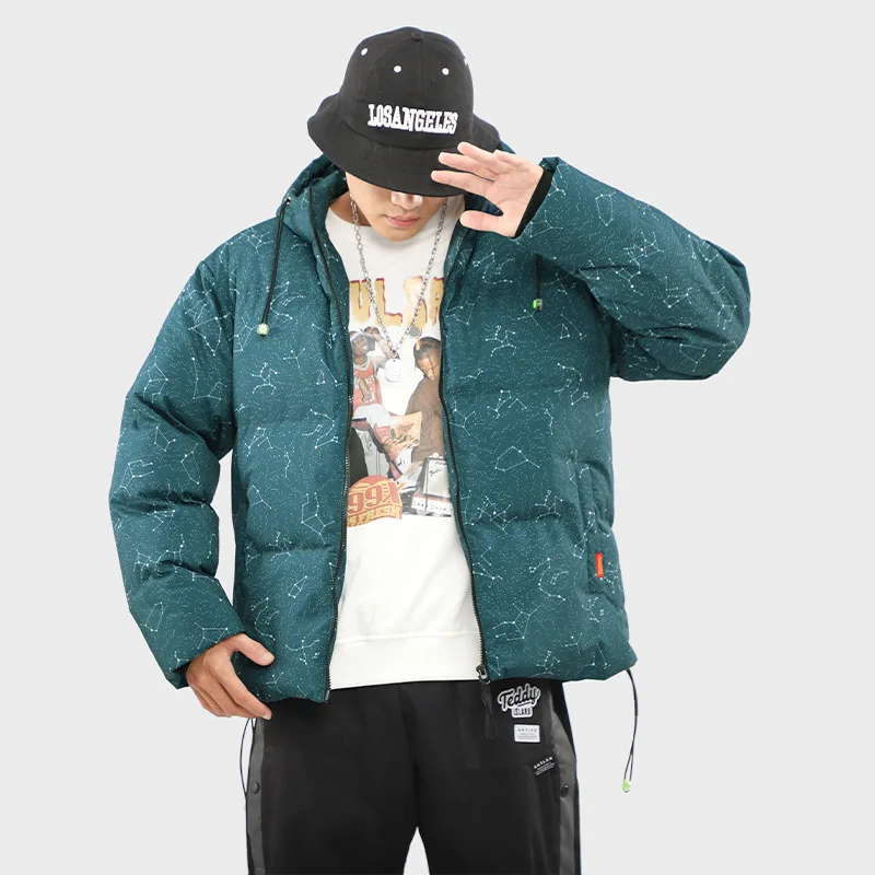 Men's Fashion Starry Sky Print Hooded Jacket Thicken Loose Cotton Jacket Korean Clothes Mens Winter Jackets and Coats