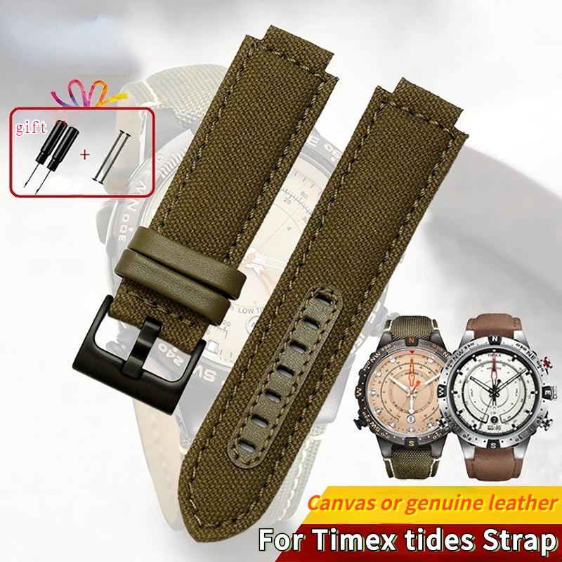 Sports canvas Watchband cowhide bottom For TIMEX T2N720 T2N721 TW2R55500 24*16mm Army green brown Men's Watch Strap Bracelet