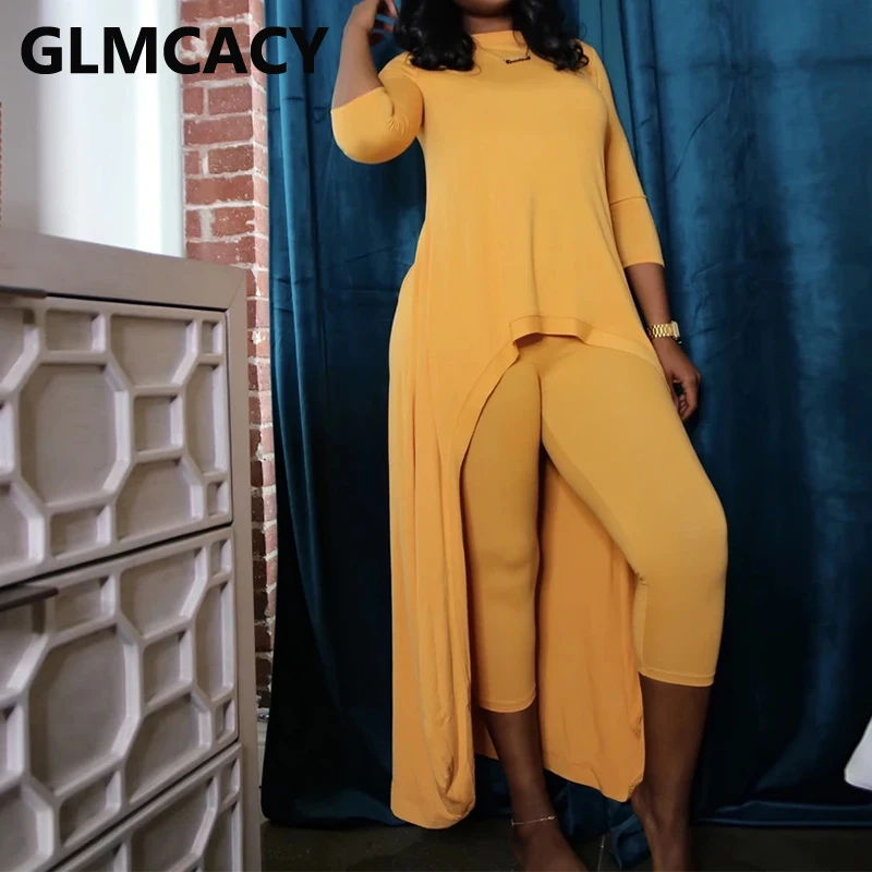 

Women Long Sleeve Dip Hem Shirt Top and Skinny Pants Set Two Piece Chic Streetwear Suits