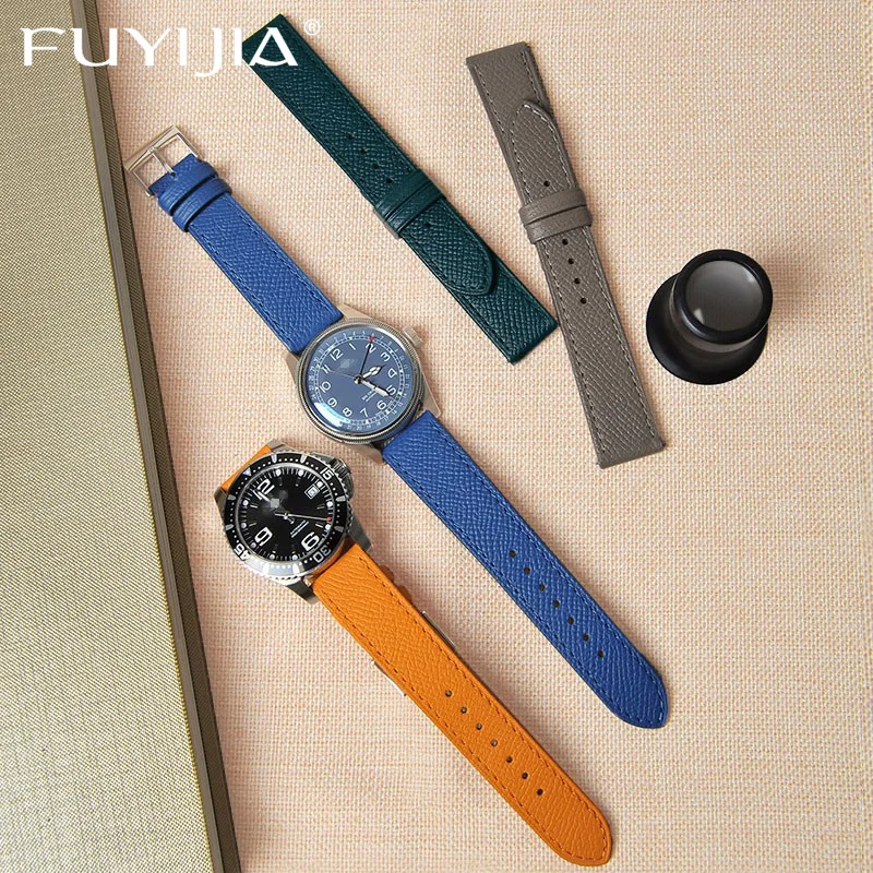 

FUYIJIA New French EPSOM Palm Grain Cowhide Watchbands Genuine Leather Strap Fine Polished Pin Buckle Luxury Custom Watch Band