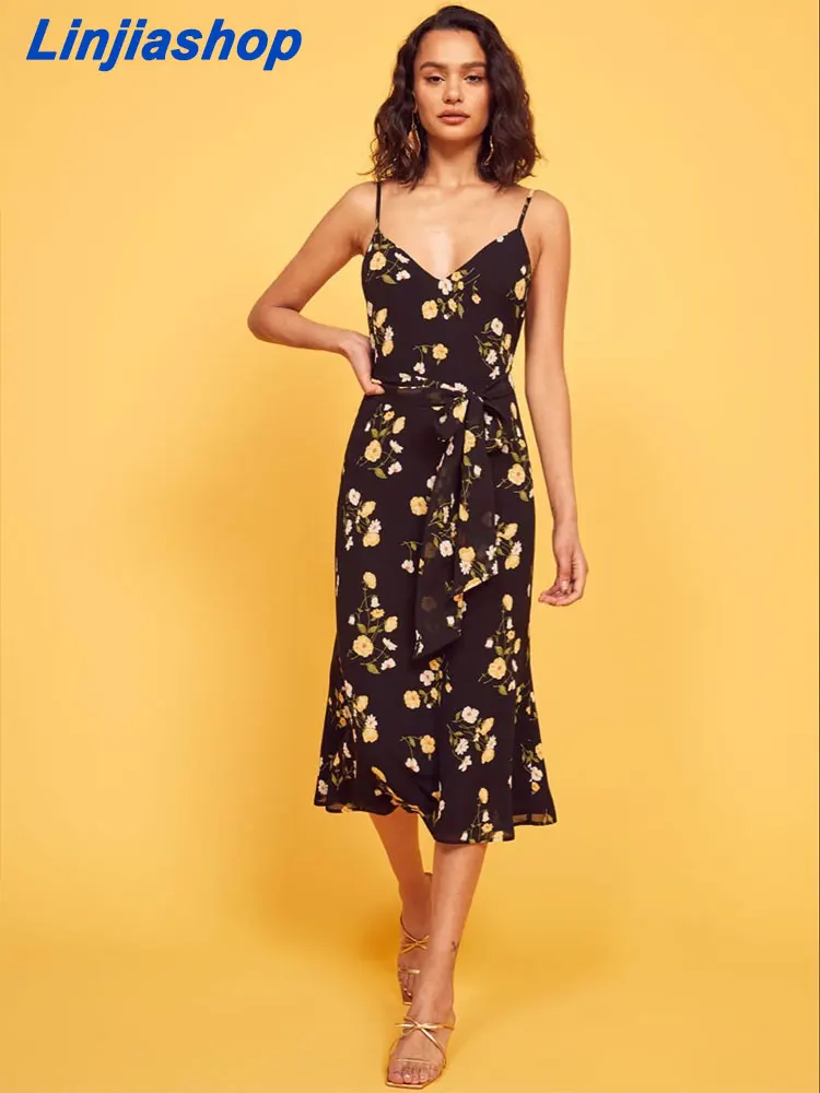 

Summer women midi dress slim floral print v neck fashion black lining backless holiday sleeveless party long split dress 22520