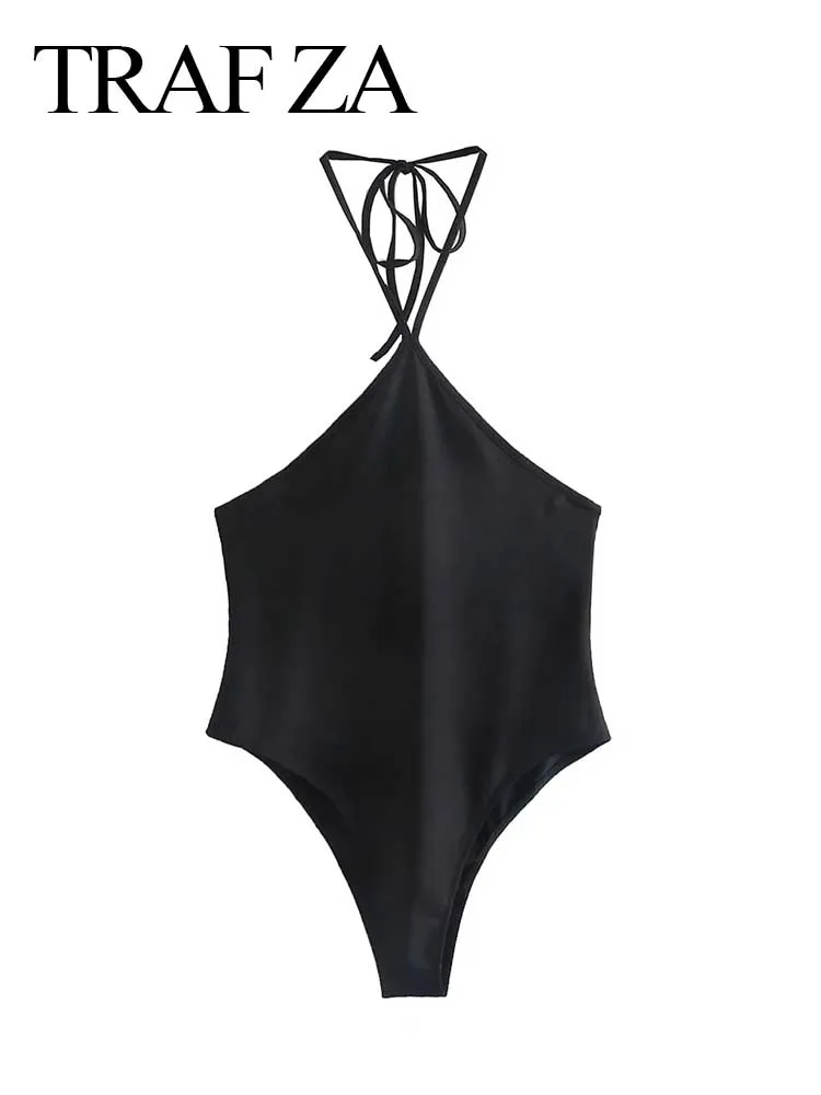 

TRAF ZA 2022 Fashion One Piece Swimsuit Women Halter Strap Solid Black Bodysuit Sexy Beach Vacation Simple Summer Female Outfit