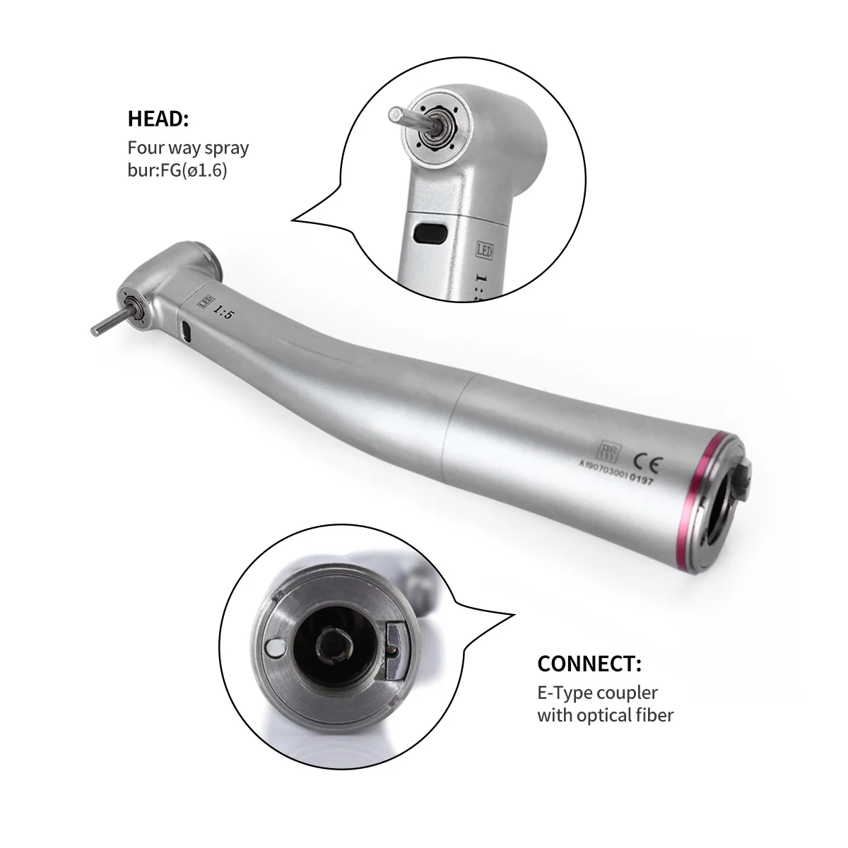 Dental 1:5 Increasing Fiber Optic Contra Angle Low Speed Push Button Internal Handpiece E-type Electric Motor