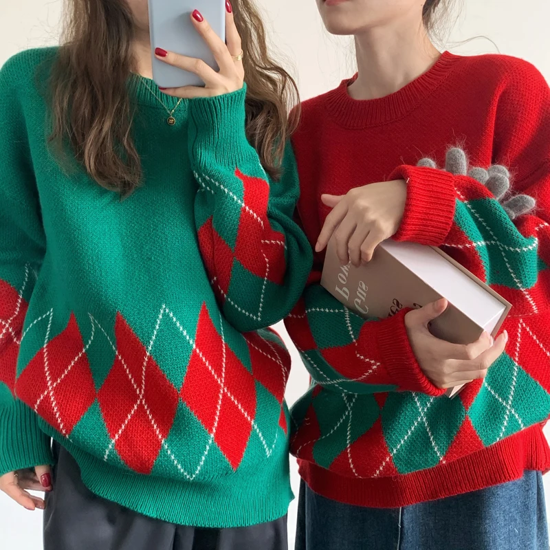 

2022 Christmas Collision Color Diamond Plaid Sweater Autumn Winter Loose Knitted Pullover Sweaters Women Vintage Knitted Tops