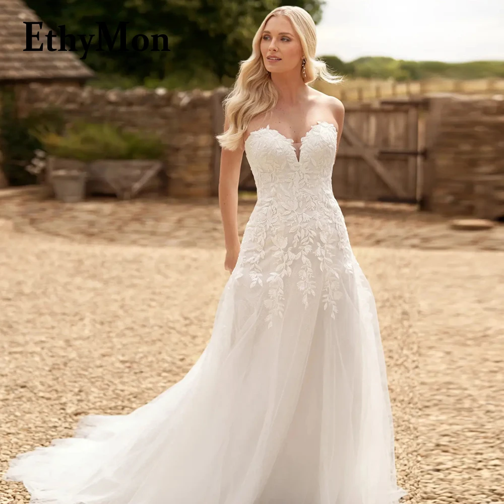 

Ethymon Classic Sweetheart Wedding Gown For Women Backless A-line Leaf Appliques Court Train Vestidos De Novia Made To Order