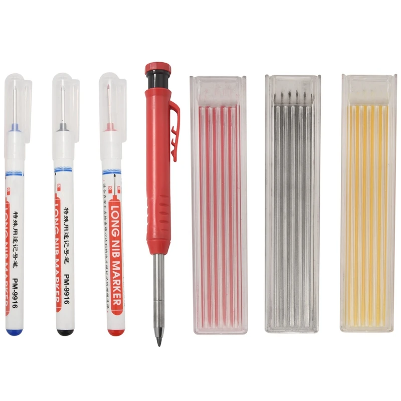 

Solid Carpenter Pencil With 18 Refills Red Yellow Black, 3 Pieces Deep Hole Marker Pens Red Black Blue, For Wood