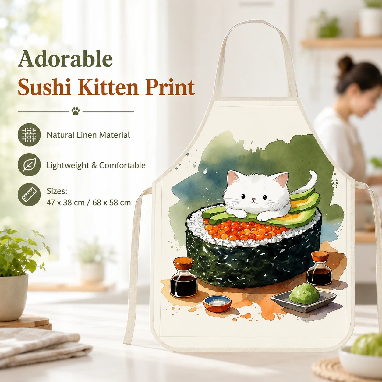 Фото Фартук без рукавов из льняной ткани с акварельным рисунком Kawaii Neko Sushi Roll для женщин, любящих животных, для домашней работы, выпечки, уборки, защиты от грязи, подарок №2